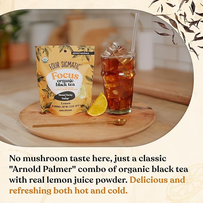 Four Sigmatic Think Organic Black Tea | Instant Lemon Tea w/Lion's Mane & L-Theanine for Mental Clarity & Focus | Organic Herbal Teas w/Adaptogens | Vegan, Gluten-Free | Lemon, 24 Servings