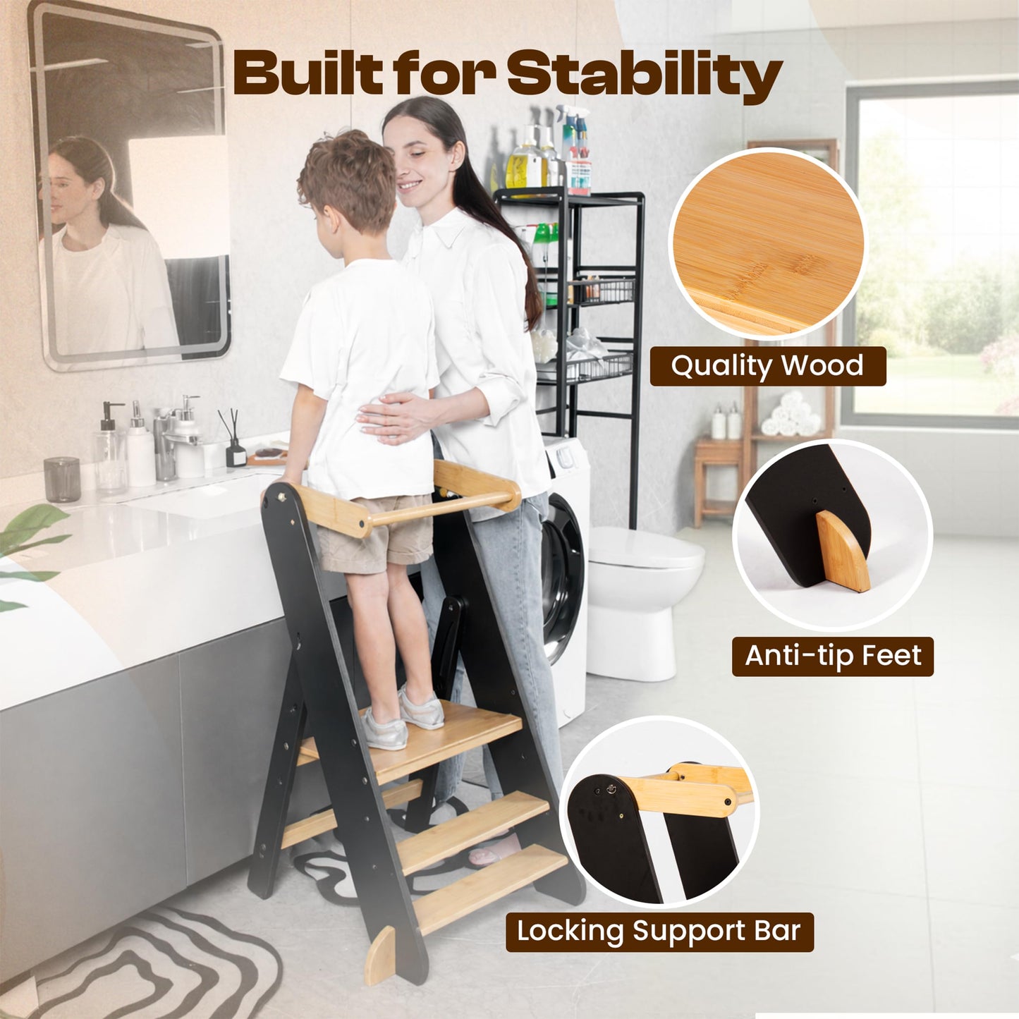 Adjustable Folding Toddler Tower, 3 Level Height Adjustable, Montessori Learning Stool, Kids Standing Tower for Kitchen and Bathroom.