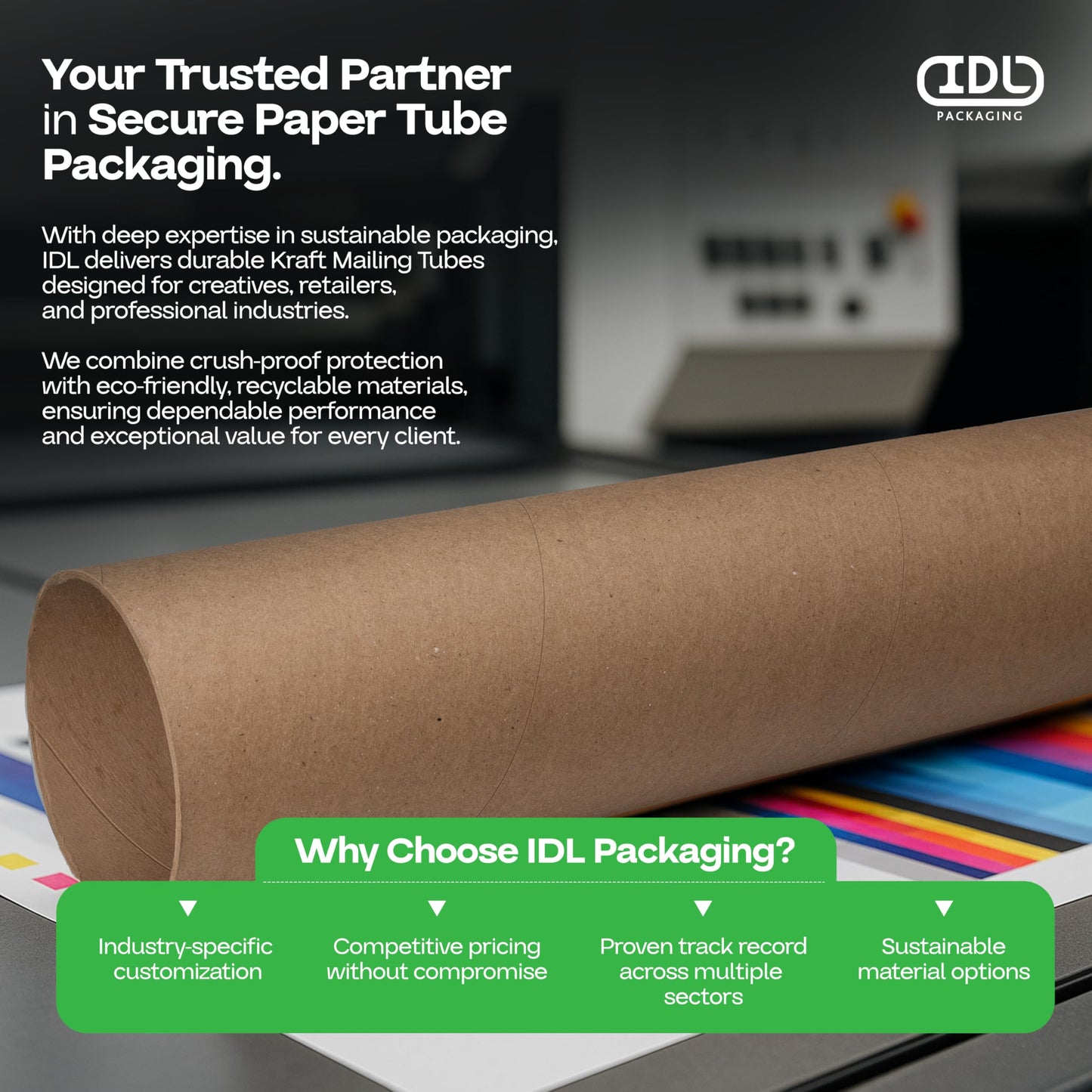 IDL Packaging Cardboard Mailing Tube, 4" x 48" with Plastic Caps - USA-Made USPS Approved Poster Tube for Documents & Blueprints - Reinforced Mailing Cylinders for Shipping & Storage