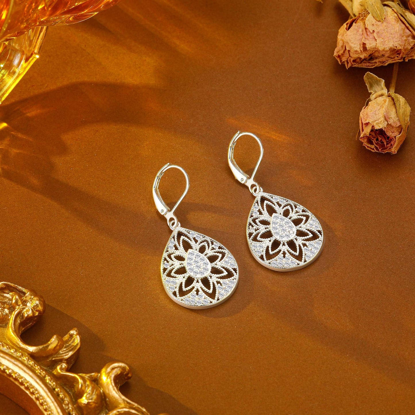 Teardrop Earrings for Women Silver Dangle Earrings Hypoallergenic Sterling Silver Drop Earring for Gifts (Filigree-B-S)