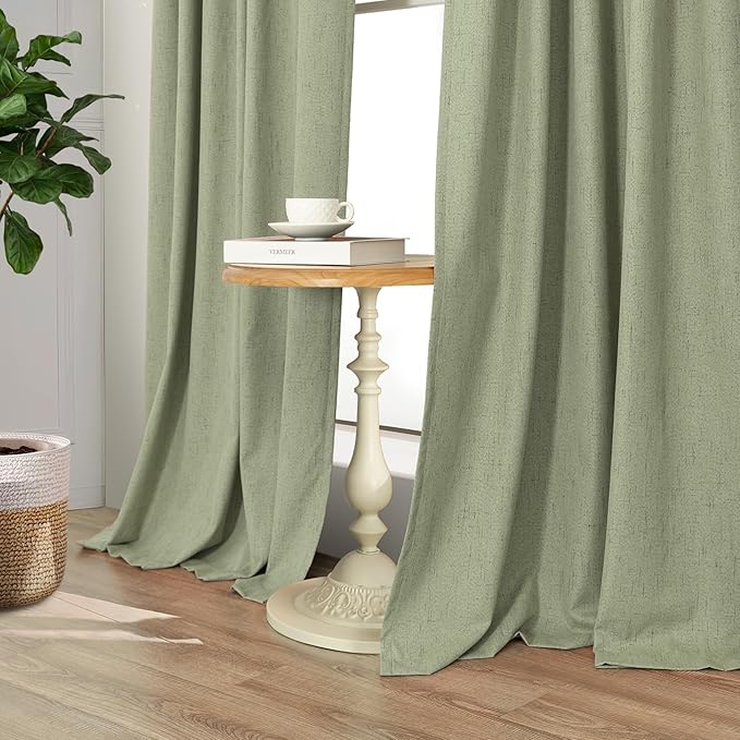 Light Sage Green Black Out Curtains 96 Inch Long for Bedroom 2 Panel Linen Textured Boho Blackout Curtains Darkening Neutral Farmhouse Thermal Drapes for Sliding Doors Patio Living Room 52x96 Length