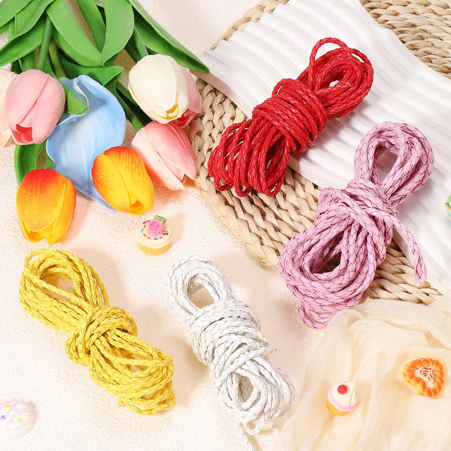 M METERXITY Round Braided Leather Cord, 10 Yards 4mm Four-Strand Faux Beading String Rope Bolo Tie 10 Meters Long for Jewelry Making/DIY Crafts, String Macrame Bracelet Thread [Beige]