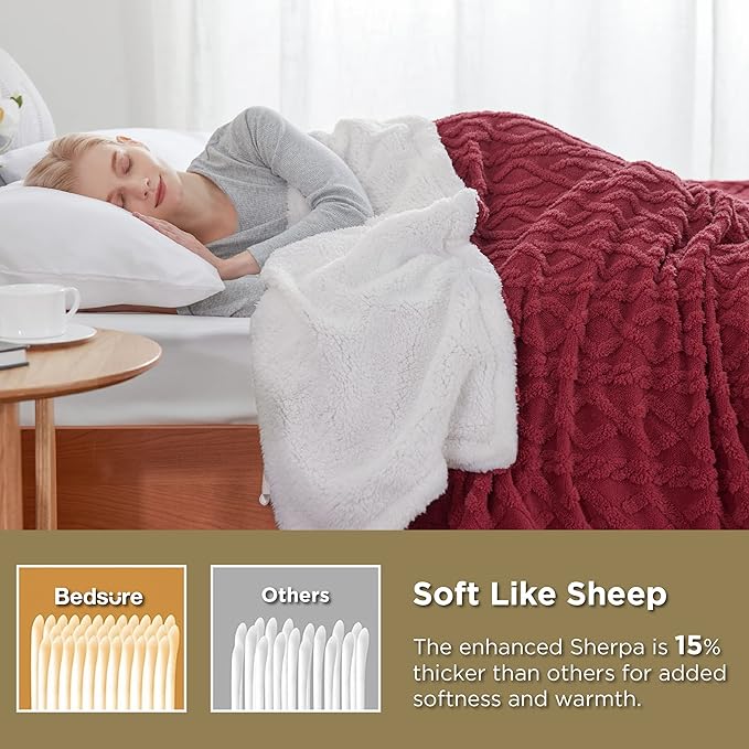 Bedsure Sherpa Queen Size Blanket for Bed - GentleSoft Fleece Fluffy & Cozy Cable Jacquard Tufted for Women Gift, Thick and Warm Blankets for Winter, Red, 90x90 Inches