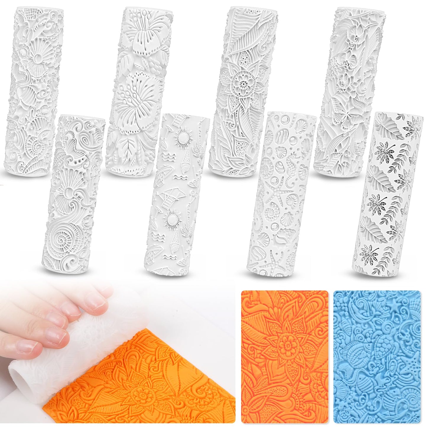 8 Pcs Polymer Clay Texture Rollers, Texture Roller for Clay & Pottery, Clay Texture Tools for Earrings & Jewelry Making, Work with Polymer Clay Cutters (YANSH PROGLOBAL) (Tropical & Coastal)