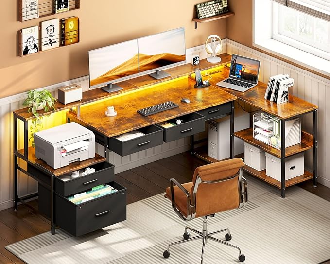 AODK L Shaped Desk with 5 File Drawers, 75" Reversible L Shaped Computer Desk with Power Outlet & LED Strip, Office Desk with Storage Shelves, Gaming Desk with Monitor Shelf, Corner Desk, Vintage