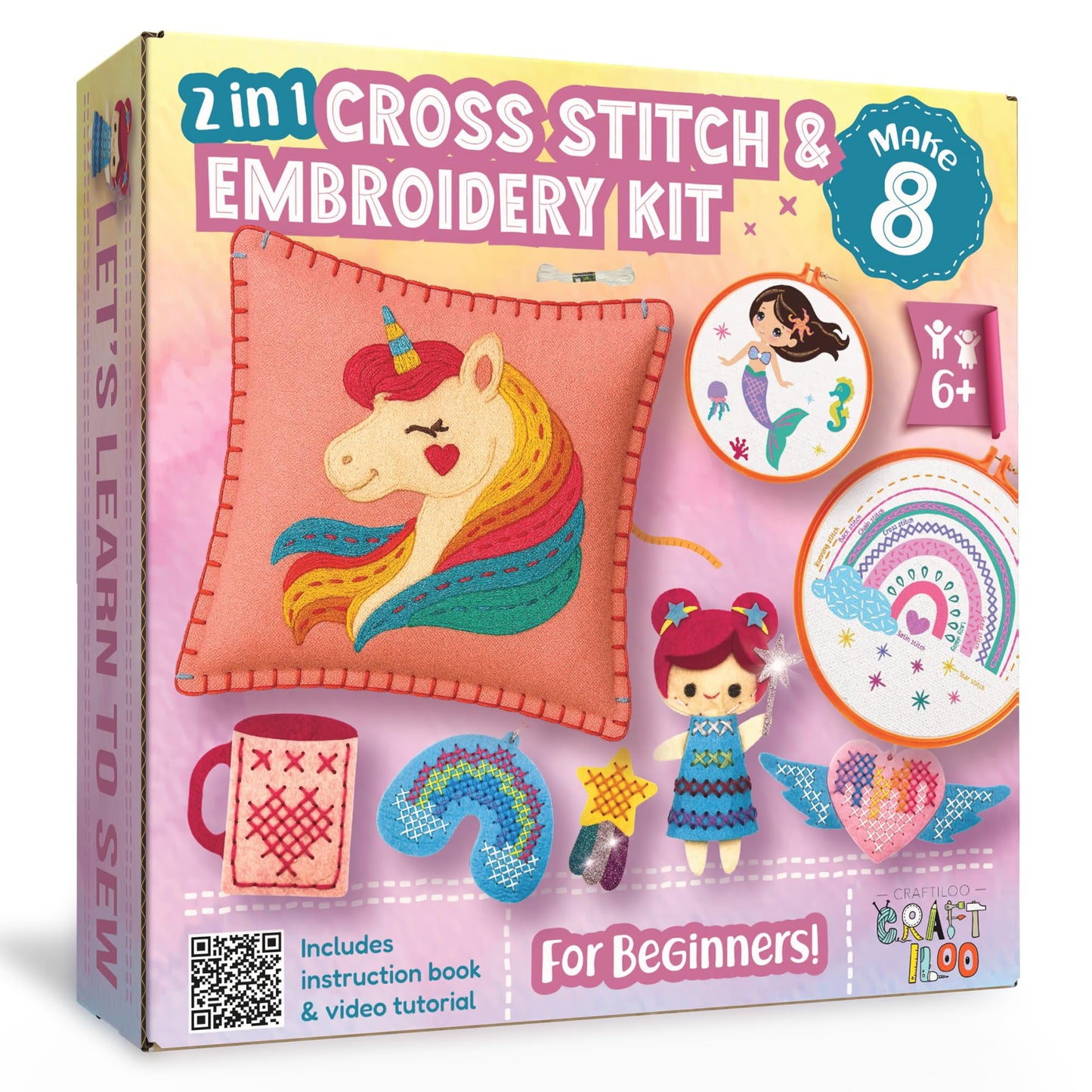 CRAFTILOO 2 in1 Cross Stitch & Embroidery Kit for Kids Ages 6+ Make 8 Projects Backpack Charms, Keyring, Doll, Wall Art, Unicorn Pillow & Card Holder Beginner Needlepoint & Creative Gift Set