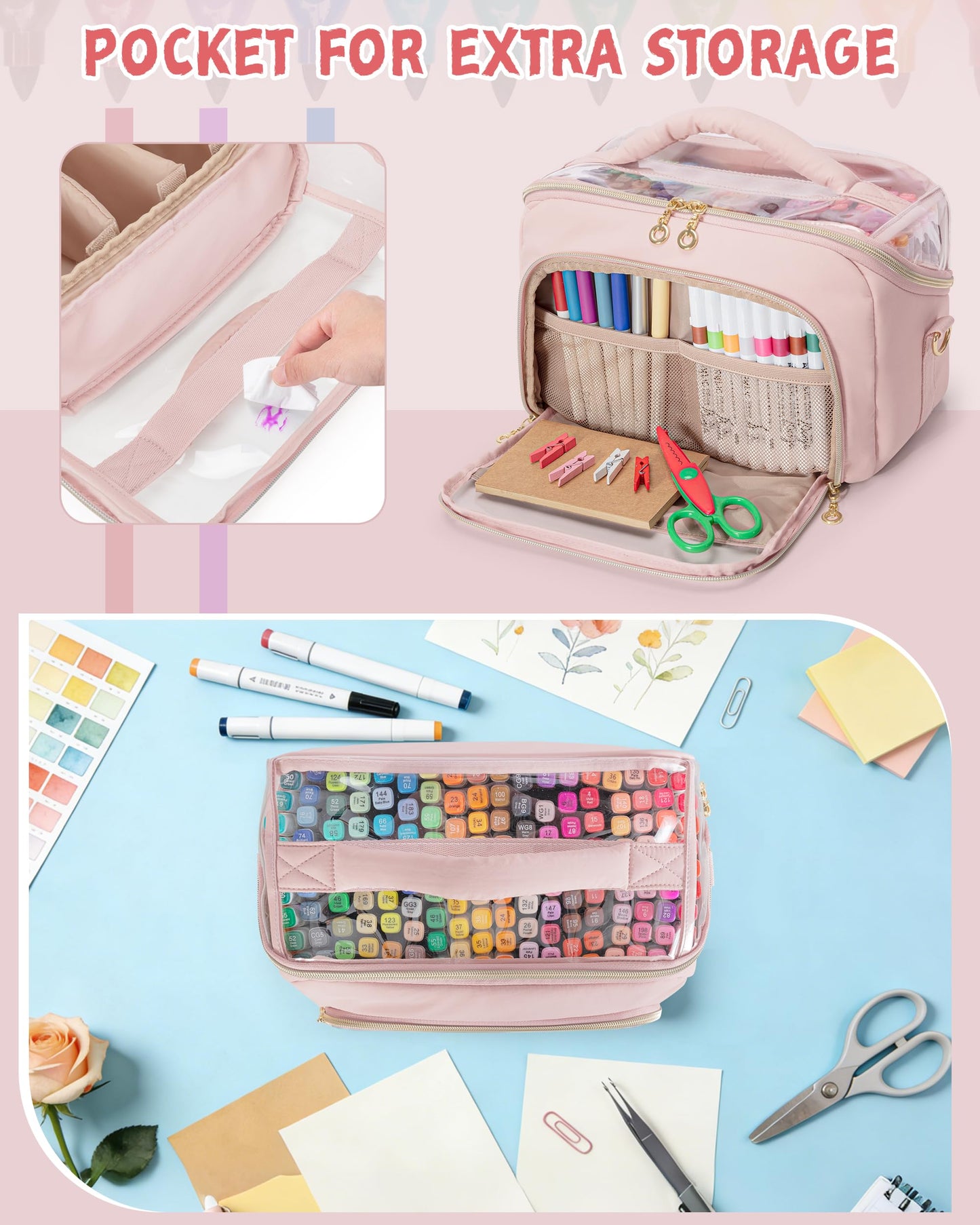 Marscamd Quilted Marker Organizer Case Holds 180 Markers, Marker Storage Organizer Bag with Dividers and Detachable Crossbody Strap (Bag Only), Pink