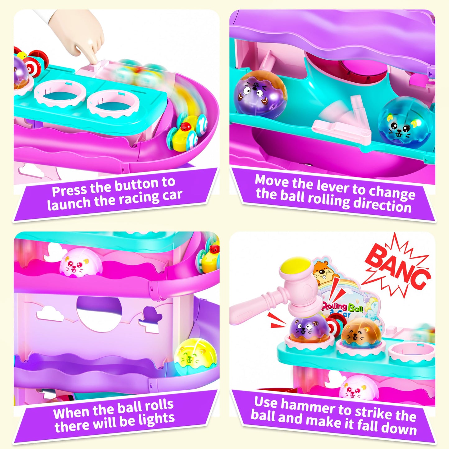 Funwee 2-in-1 Rolling Ball & Racing Car Ramp Toy for Toddlers, Race Track Hammer Lights Ball Drop, Interactive Montessori Learning Game Birthday Gift Idea for Kids 1 2 3 4 5+Year Old Girl Boy(Pink)