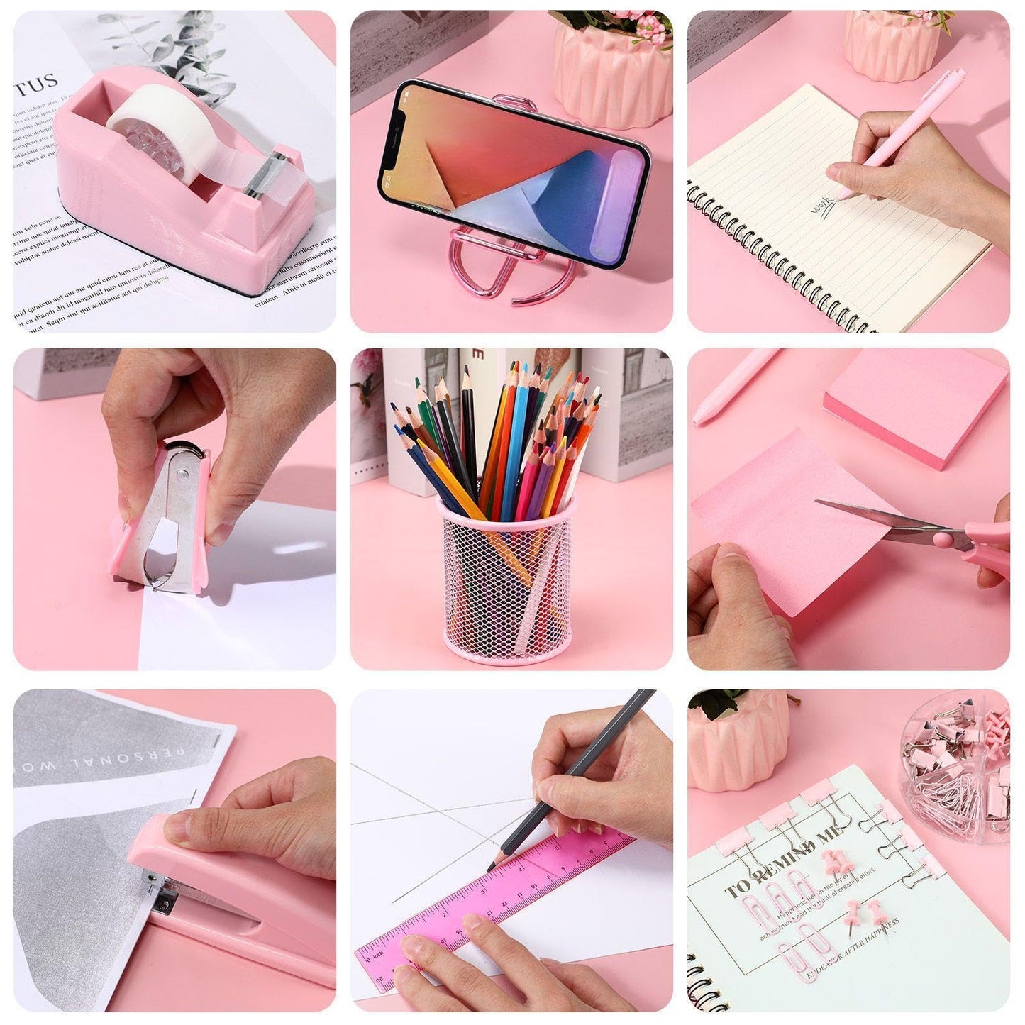 Sabary 12 Pack Pink Desk Accessories Office Supplies Set Include Stapler Staple Scissor Staple Remover Tape Dispenser Ballpoint Pen Sticky Notes Holder Phone Holder Ruler Pen Organizer for Gift