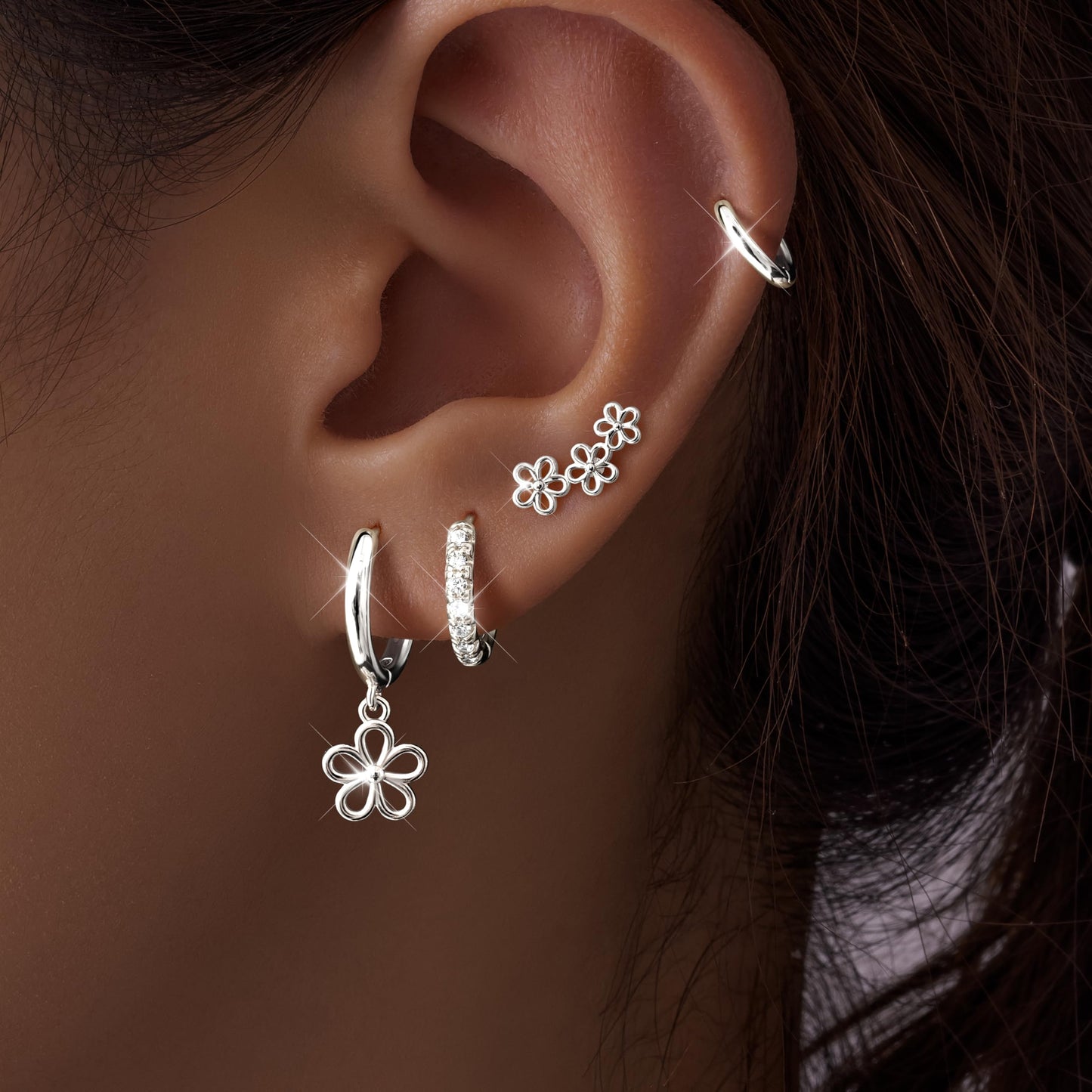 Flower Earrings for Women,Huggie Small Stack Cartilage Stud Hoop Silver Earring Sets for Multiple Double Piercing, Conch Helix Rook Tragus Daith Piercing Silver Clip On Jewelry Set Gifts