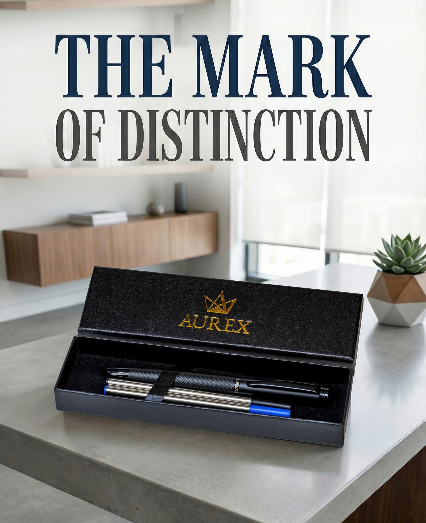 AUREX Luxury Black Rollerball Pen – Metal Pen with Cap, Micro Tip, Diamond Body Design, Gift Box & Blue + Black Ink – Executive Writing Pen