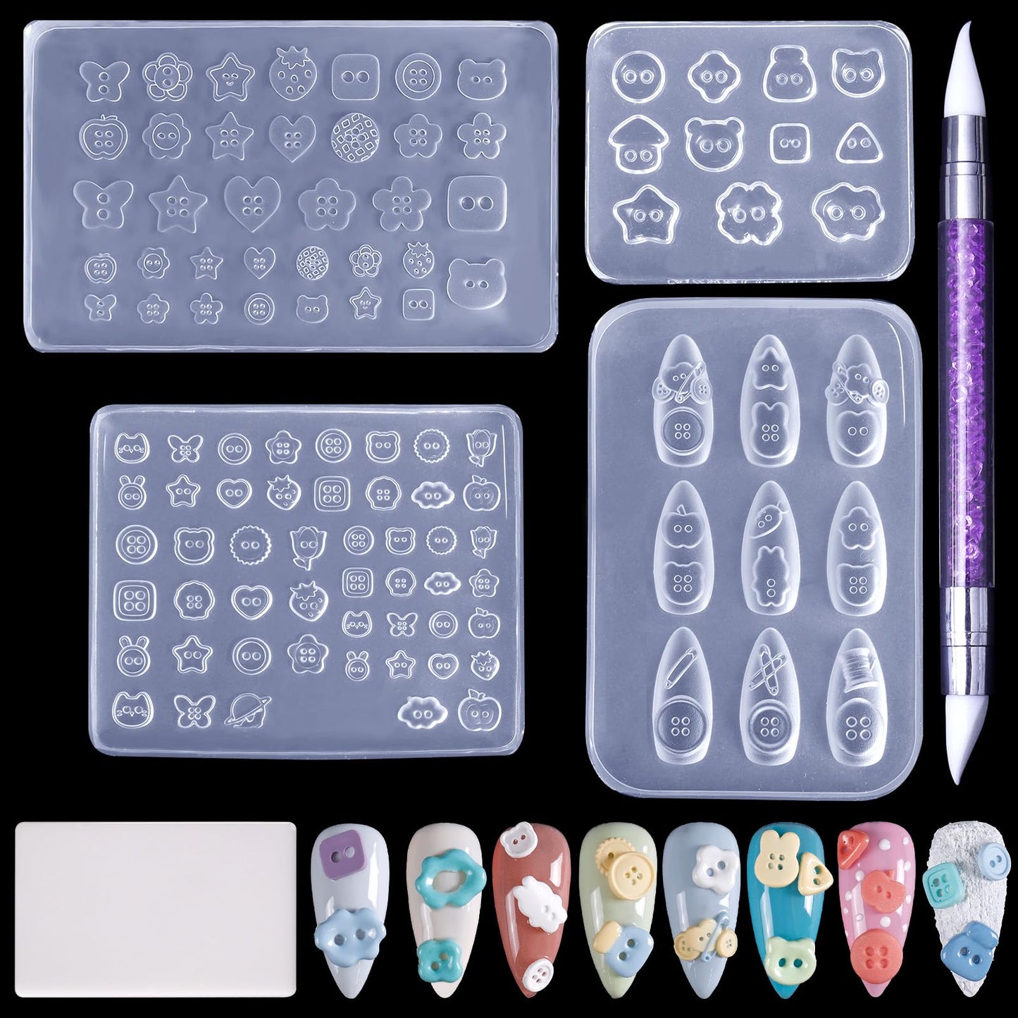 Laza 4pcs Button Silicone Nail Art Molds, 3D Multiple Shapes Embossed Button Nail Charms Nails Accessories with Carving Pen Resin Nail Art Mold Manicure Tools for Manicures Design