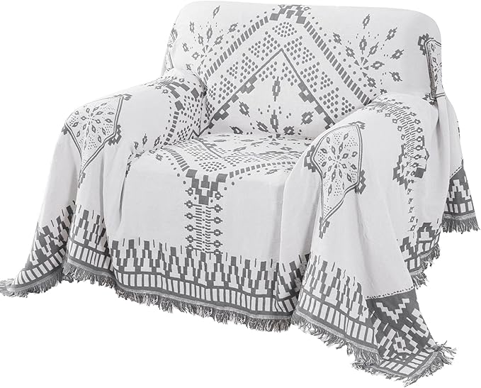 H.VERSAILTEX Reversible Sofa Cover Couch Cover for Dog Sofa Slipcover for Most Shape Sofa Furniture Protector with Tassels Sectional Couch Cover (Medium: 71" x 91", Dark Grey/White)
