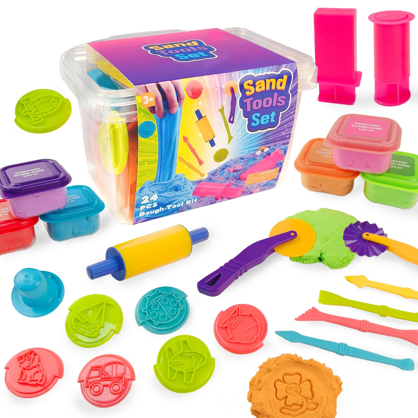 Carolart Sand and Dough Tools Set, 6 Colors Cloud Sand Kit with Storage Box, Play Tools with Clay Accessories, Rolling Pin, Educational Toys and Gift for Toddlers Age 3+