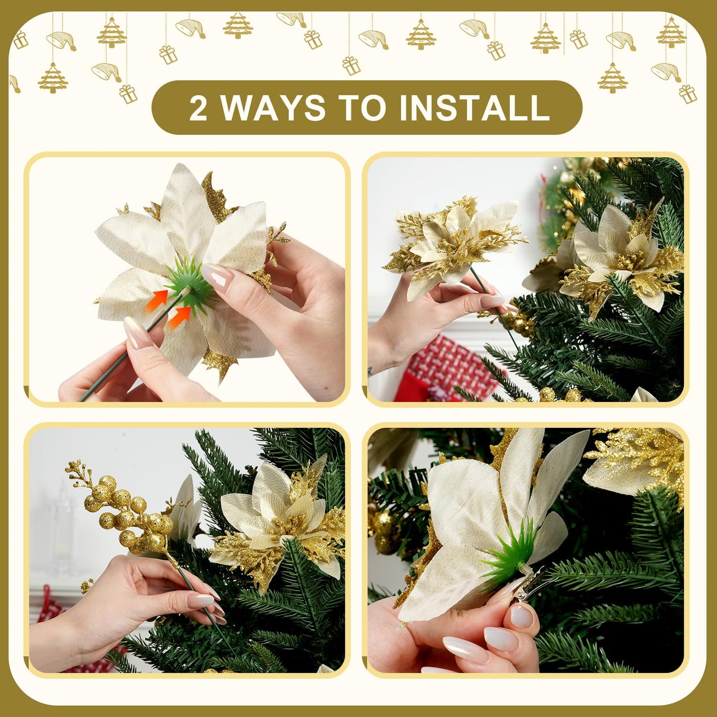 trytuny 50pcs Glitter Poinsettia Christmas Ornaments, Artificial Flowers with Clips Stems for DIY Wreath Making, Holiday Home Party Decorations, Indoor Use (Gold)