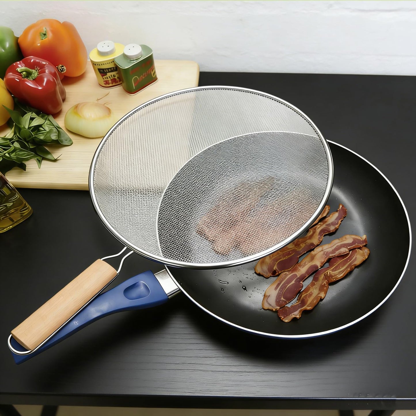 3 Pieces Grease Splatter Screen for Frying Pan, 21/25.5/29cm, with Wooden Handle