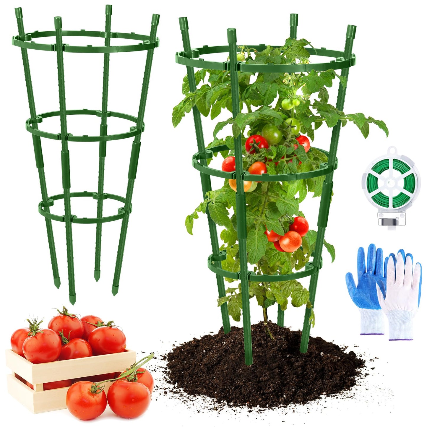 UJG 2-Pack 24 Inches Tomato Cages for Garden, Tomato Cage, Tomato Plant Support, Heavy-Duty Tomato Trellis with Height Adjustable Rings for Garden Climbing Plants with Twist Tie & Gloves