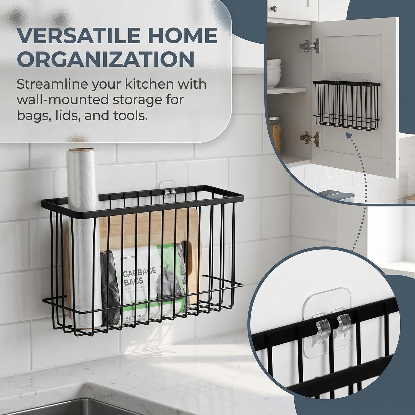 SXSWNSDLX 2 Pack Adhesive Cabinet Door Organizer, No Drilling Required, Hanging Storage Basket Organizer Wall Mounted Pantry, for Kitchen, Fridge, Bathroom (Black)