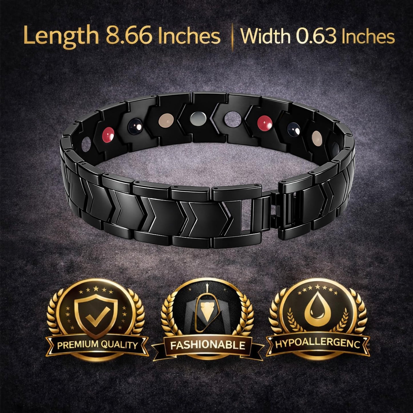 KYOSI Magnetic Bracelets for Men 5 Elements, Wide Stainless Steel Bracelet Link Adjustable, Magnet Bracelet Mens Gift (Black)