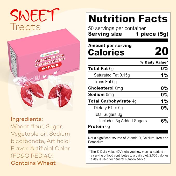 4E's Novelty Valentine Fortune Cookies (50 Pcs) - Fortune Cookies Individually Wrapped Bulk with 50 Valentine Messages, Valentine Treats for Kids Party, Non Candy Treats, 2025 Updated Version