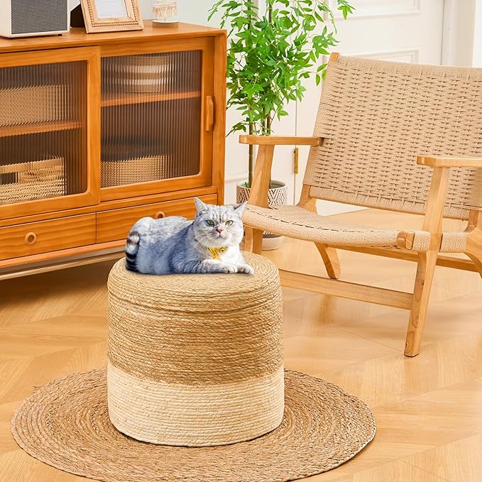 Wimarsbon 18'' Ottoman Pouf, Natural Braided Poof, Rustic Handweave Lounge Pouffe, Boho Footrest Stool for Bedroom, Accent Table for Living Room (Stoage - 18inch Cattail+Beige Corn Husk L)