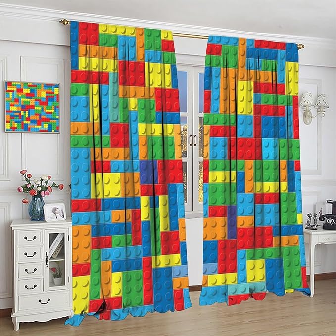 Colorful Building Block Toy Printed Curtains, Building Blocks, Curtains, Fun Brick 3D Design, Kids, Teens, Girls, Boys, Living Room, Bedroom, Window Treatment Panels, 2 Panels 84x84in