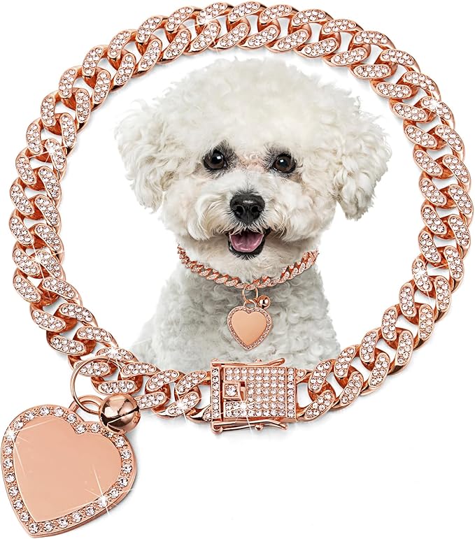 Hillban Gold Chain Dog Collar Rhinestone Heart Charm, Rose Gold, 10 Inch