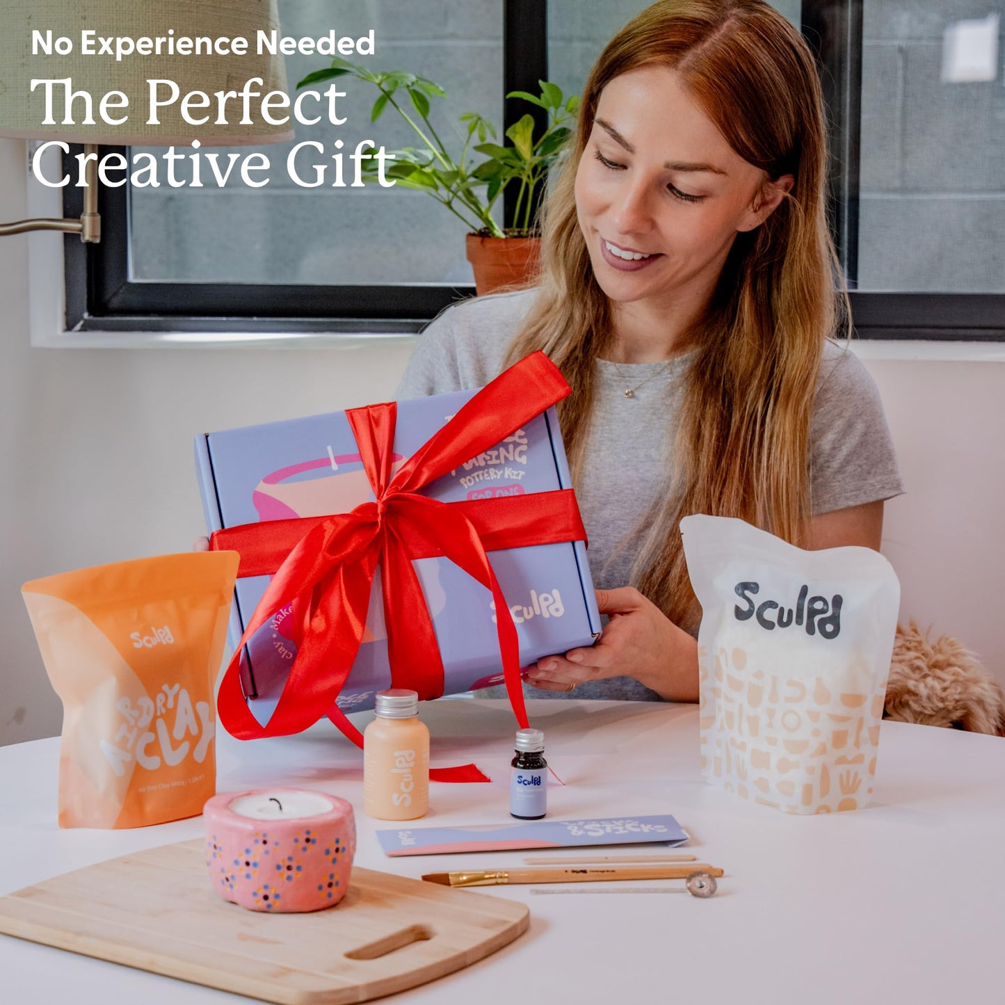 Sculpd Candle Making Pottery Kit for Adults with Air Dry Clay and Acrylic Paint Set, Non-Toxic Eco Soy Wax, Scented Fragrance Oil, Candle Glaze, Tools & Guide, 2 Candles, Peony Rose