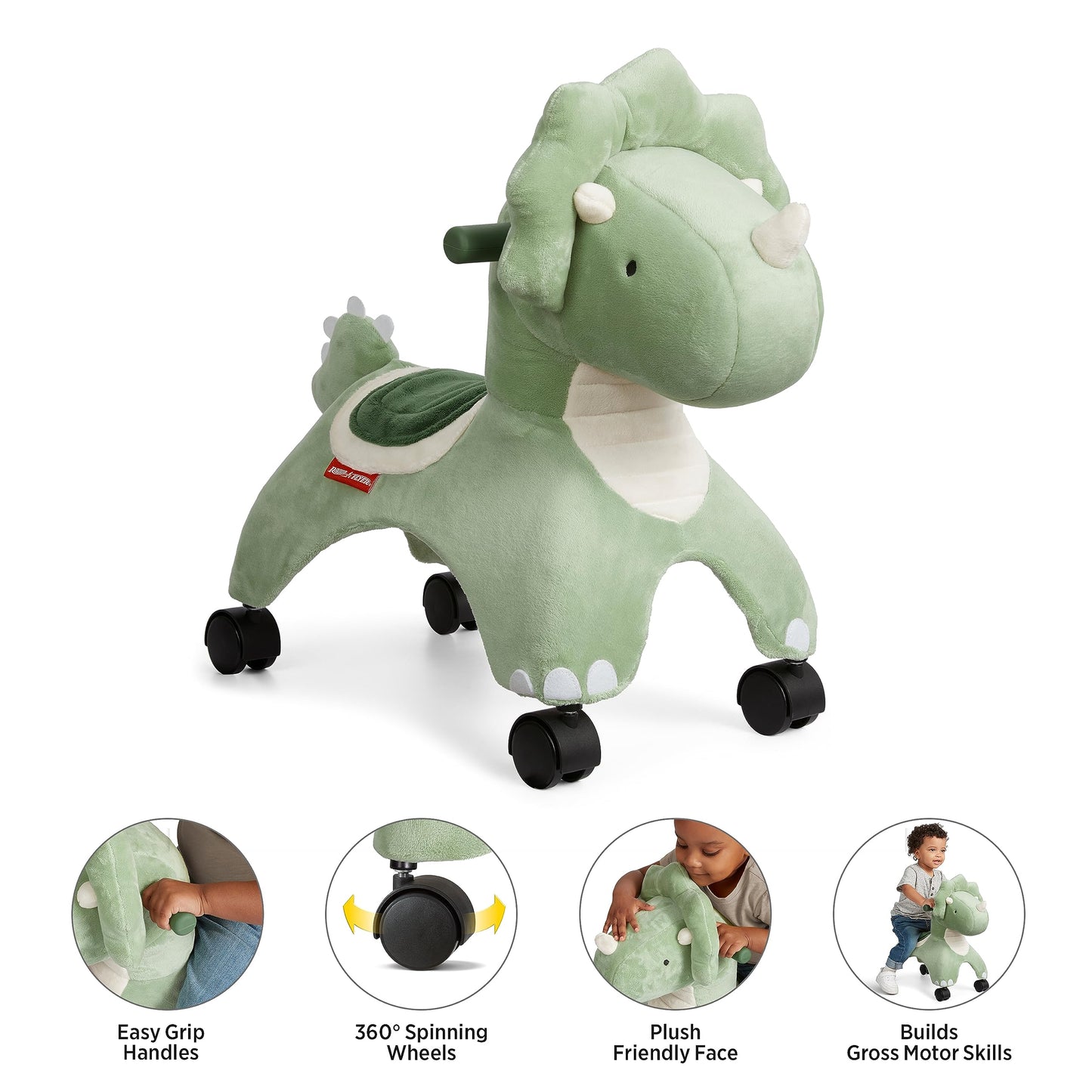 Radio Flyer Dash the Rolling Dinosaur Ride On, Ages 1-3, EZ-Glide 360-degree Wheels, Easy Grip Handles, Soft Plush Face, Ideal for Active and Imaginative Play, Toddler Ride On Toys