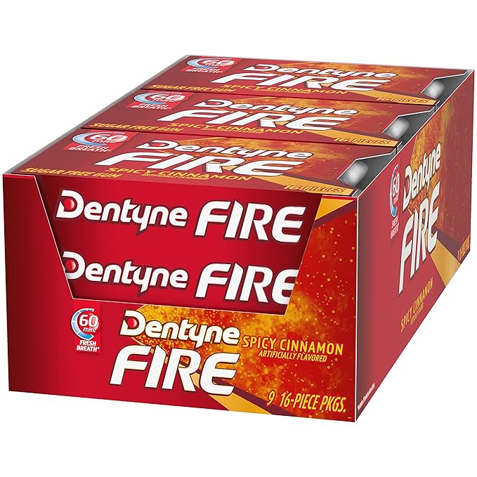 Dentyne Fire Spicy Cinnamon Sugar-Free Chewing Gum, Pack of 9 (144 Total Pieces)