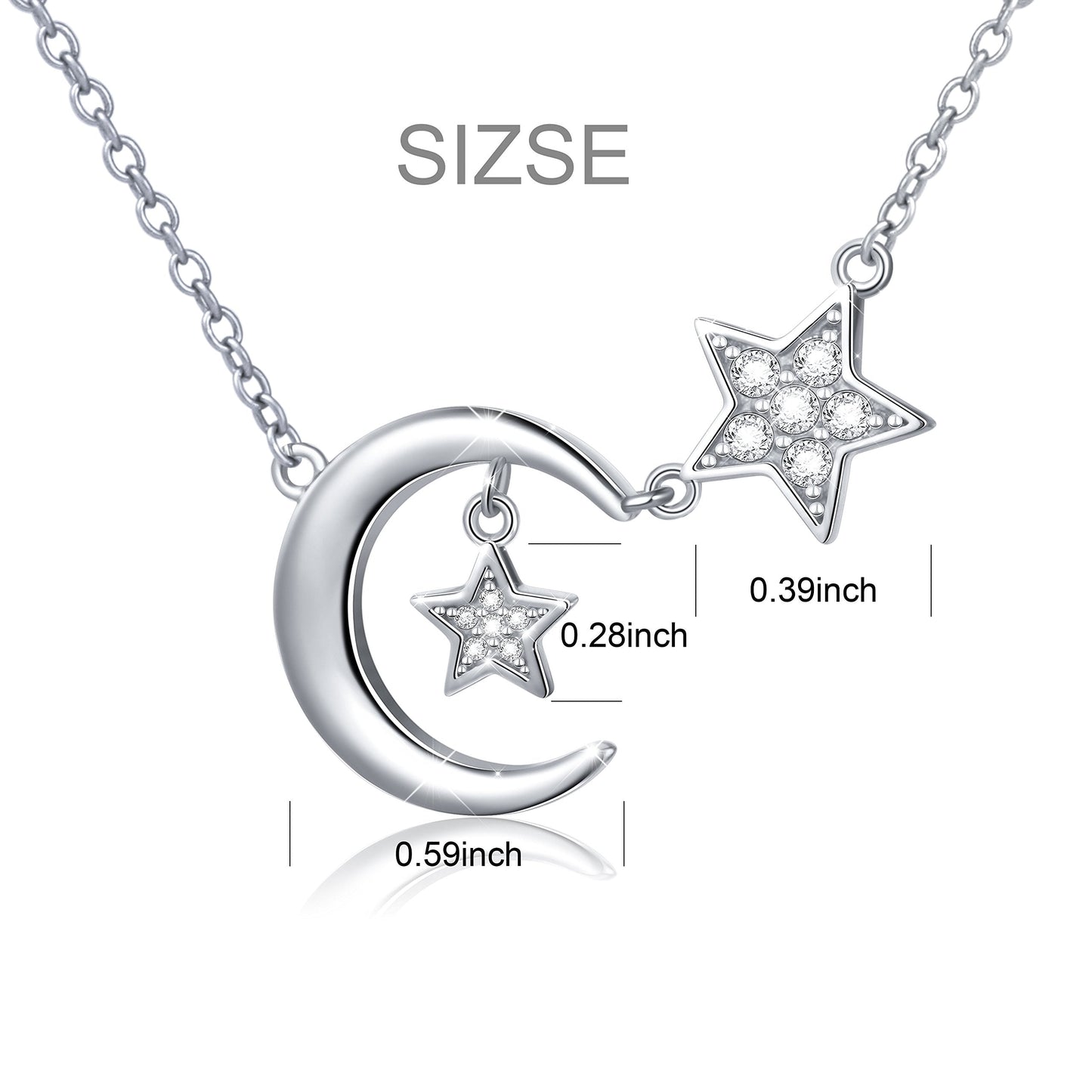 Ladytree S925 Sterling Silver Bling CZ Crescent Moon Star Jewelry Pendant Necklace,Rolo Chain,18+2"