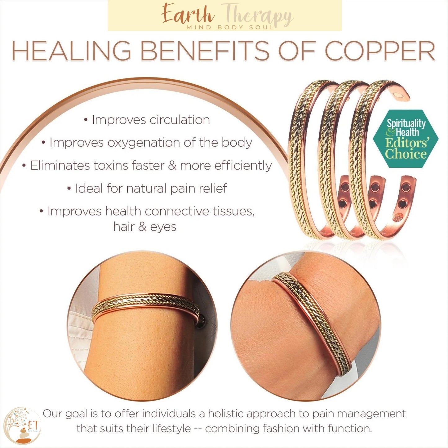 Earth Therapy Rope Inlay & Braided Silver Style Copper Cuff Bracelets with Ultra Strength Magnets - Unisex - Adjustable