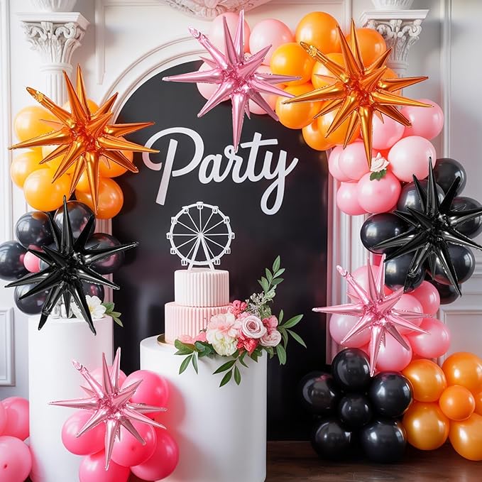 Black Orange Pink Star Balloons,9Pcs 22Inch Orange Pink Black Explosion Spike Cone Helium Polyester Film Star Foil Balloons for Halloween Birthday Anniversary Baby Shower Party Decorations