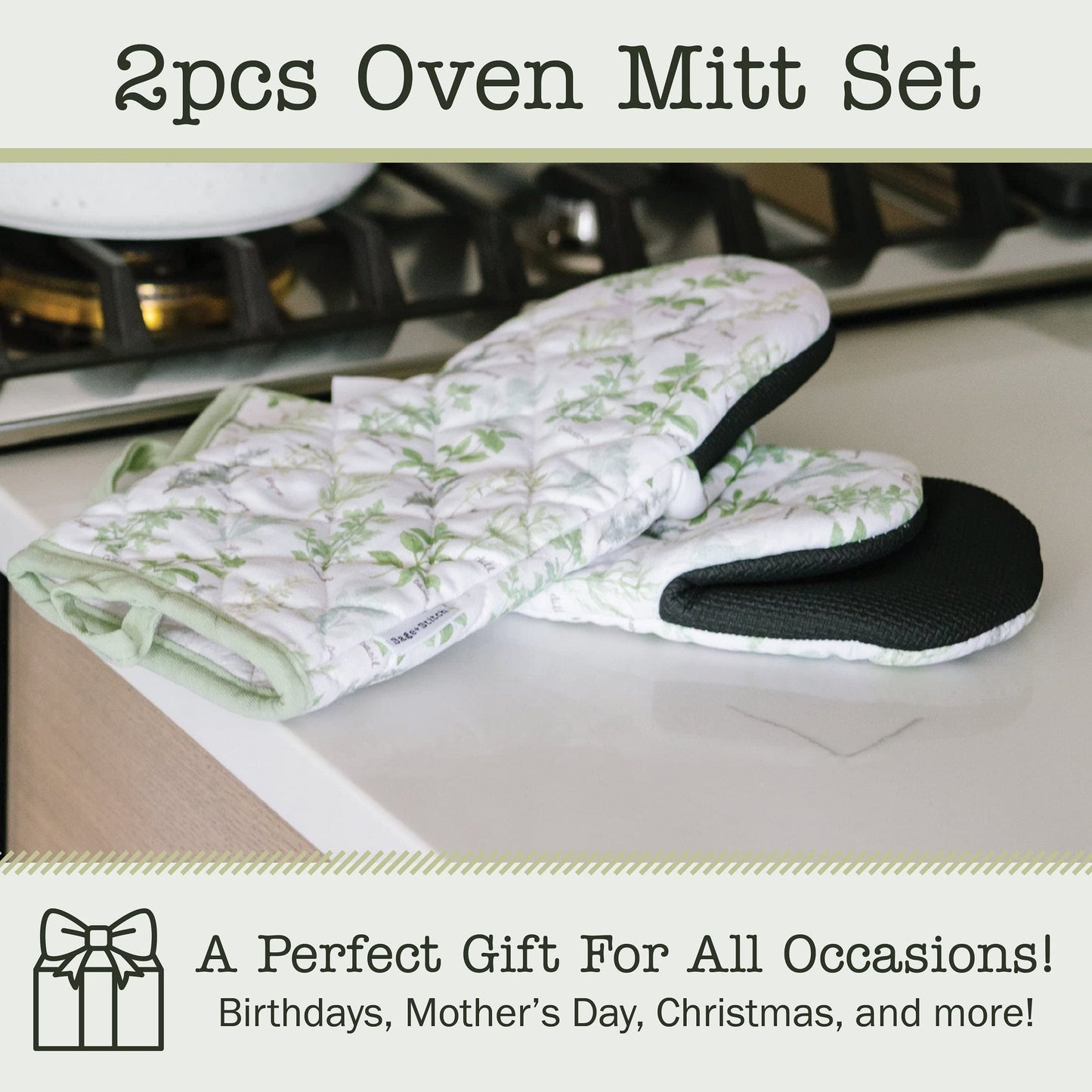 Sage+Stitch Heat Resistant Designer Kitchen Oven Mitts with Neoprene Non-Slip Grips and Hanging Loops | Set of 2 100% Cotton Long Sleeve Kitchen Oven Mitts | 5.5" x 12" | Green Herbs