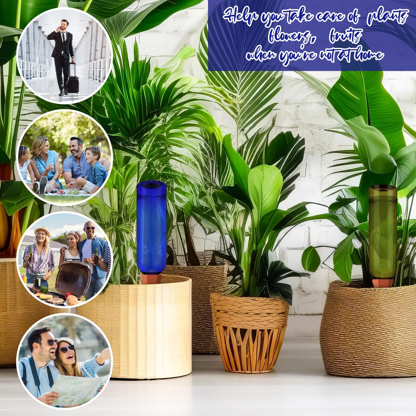 SiliFine 6 Sets Plant Watering Devices Include Terracotta Self Watering Spikes and 26 oz Plastic Bottles, Slow Release Vacation Insert Automatic Plant Waterer Device (Blue Green and Terracotta)