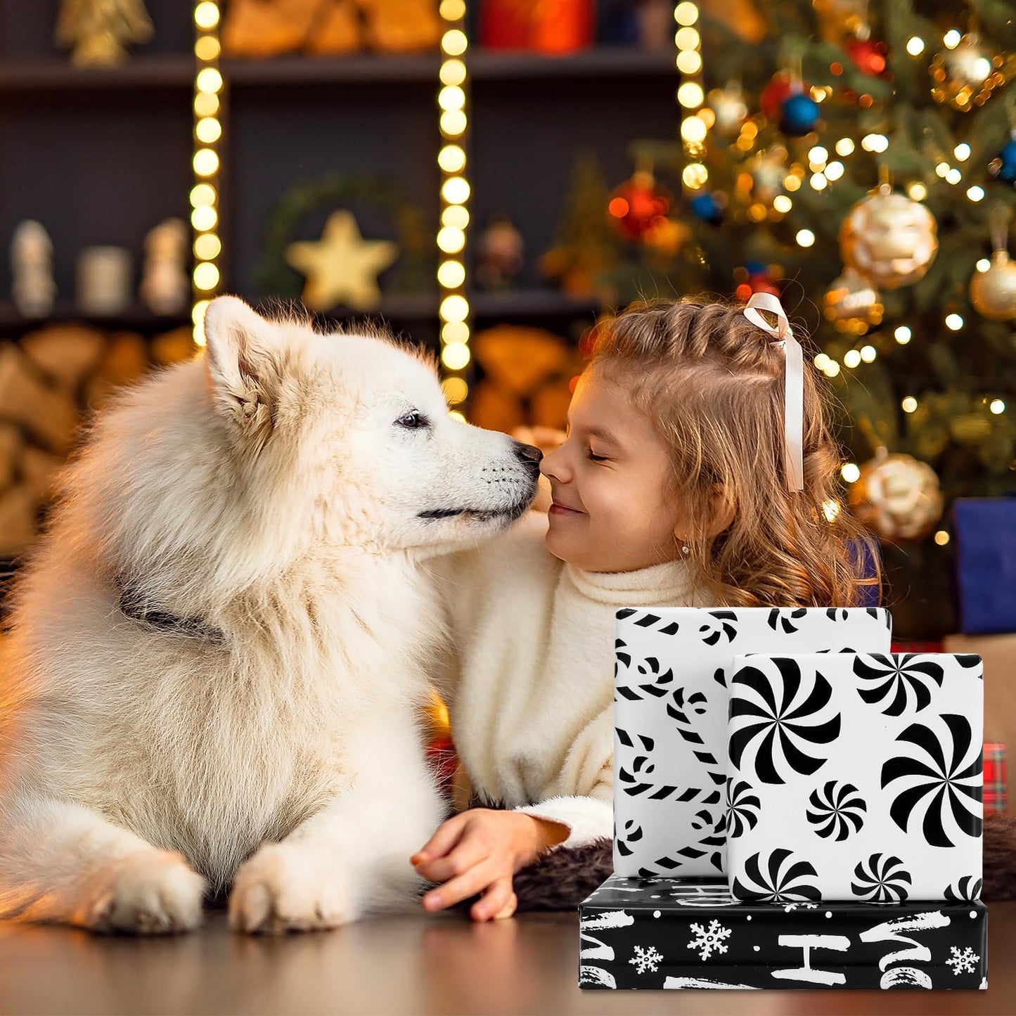 JarThenaAMCS 12 Sheets Christmas Wrapping Paper -Not Roll- Black White Gift Wrap Paper Candy Cane Stripe Folded Flat Craft Papers for Xmas Winter Party Packaging, 27.6 x 19.7 Inch