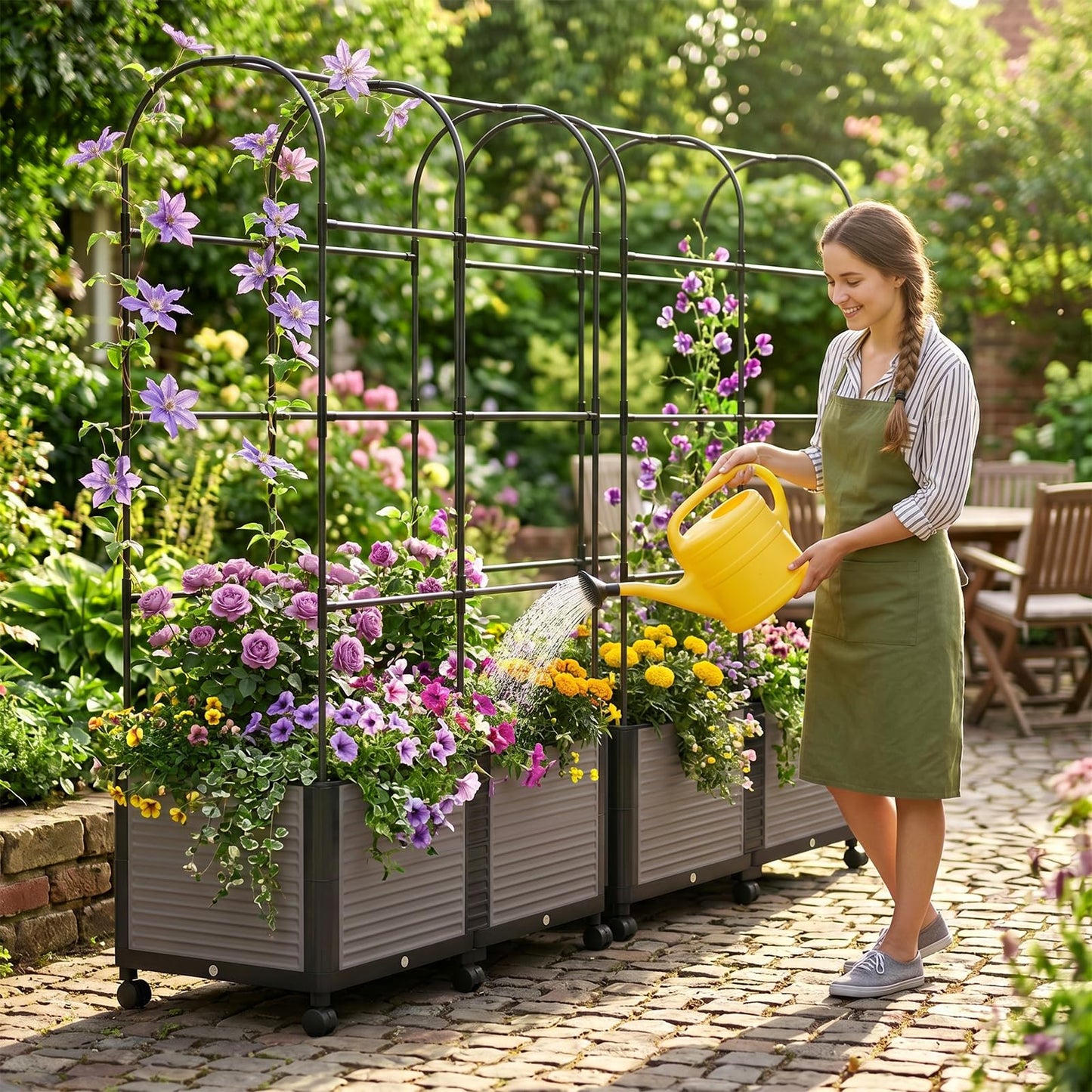 DoCred Raised Garden Bed Planter Box with Trellis for Climbing Vegetables Plants, Tomatoes Planters Outdoor Tomato Cage with Wheels, Indoor Outdoor Use