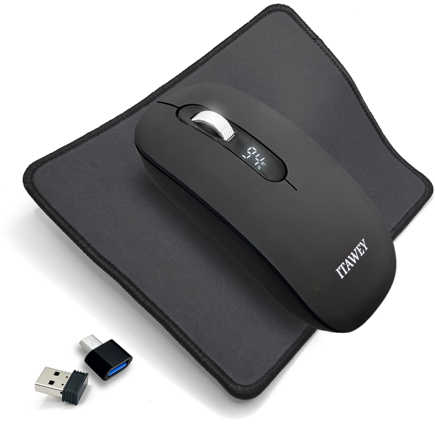 ITAWEY Wireless Mouse & Pad Combo - LCD Display, Bluetooth & USB Receiver, Tri-Mode, Rechargeable, Quiet Clicks, with USB-C Converter, Precise Steel Scroll Wheel, 3200 DPI for PC, Laptop, Tablet
