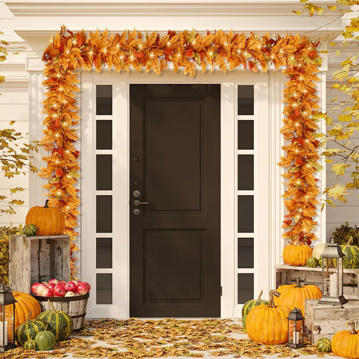 2PC Realistic Fall Garland for Mantle 6FT Fall Leaves Garland With Lights/Timer Fall Decorations for Home Porch Fall Leaf Garlands Autumn Decor for Thanksgiving Outdoor Fireplace Wedding Hanging Table