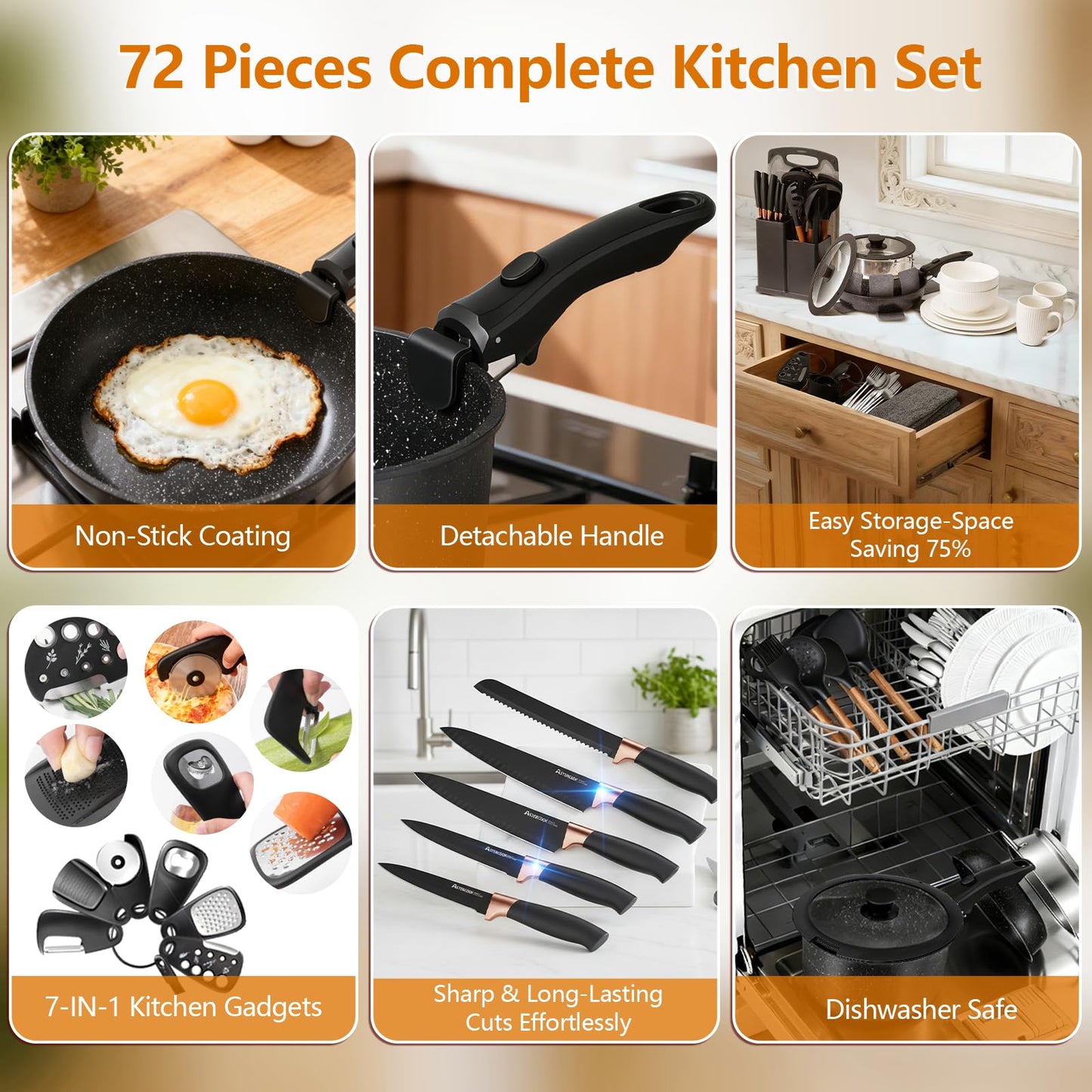 72-Piece Kitchen Cooking Set, Pots and Pans Cookware, Nonstick Cookware Set, Plates and Bowls Dinnerware Knife Set, Kitchen Gadgets & Tools For New Home, Apartment, Mothers Day Gifts