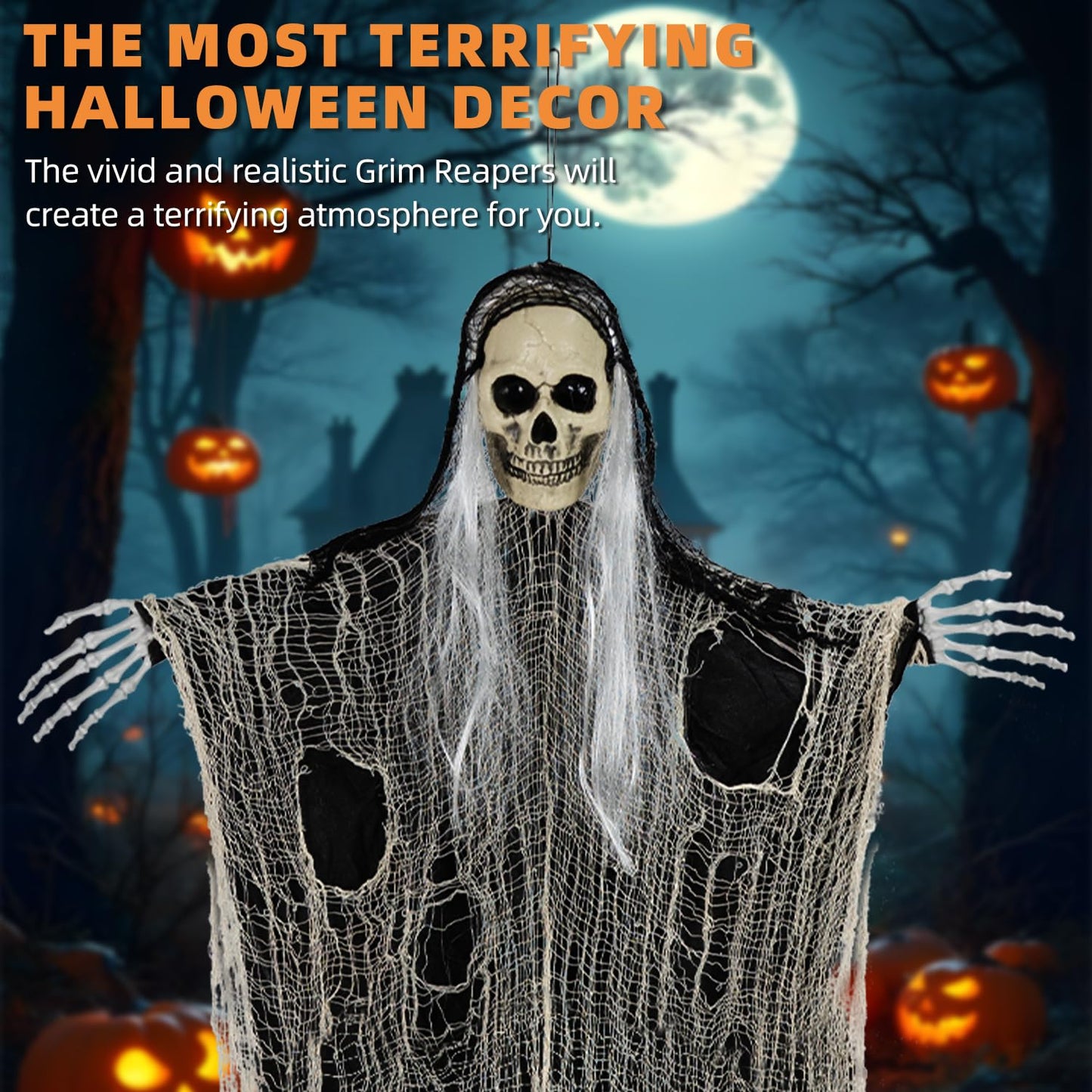 Kendane Halloween Decorations Outdoor and Indoor,3PCS Scary Hanging Ghosts,Halloween Grim Reaper Skeleton,Scary Party Decorations for Yard,Haunted House Decor