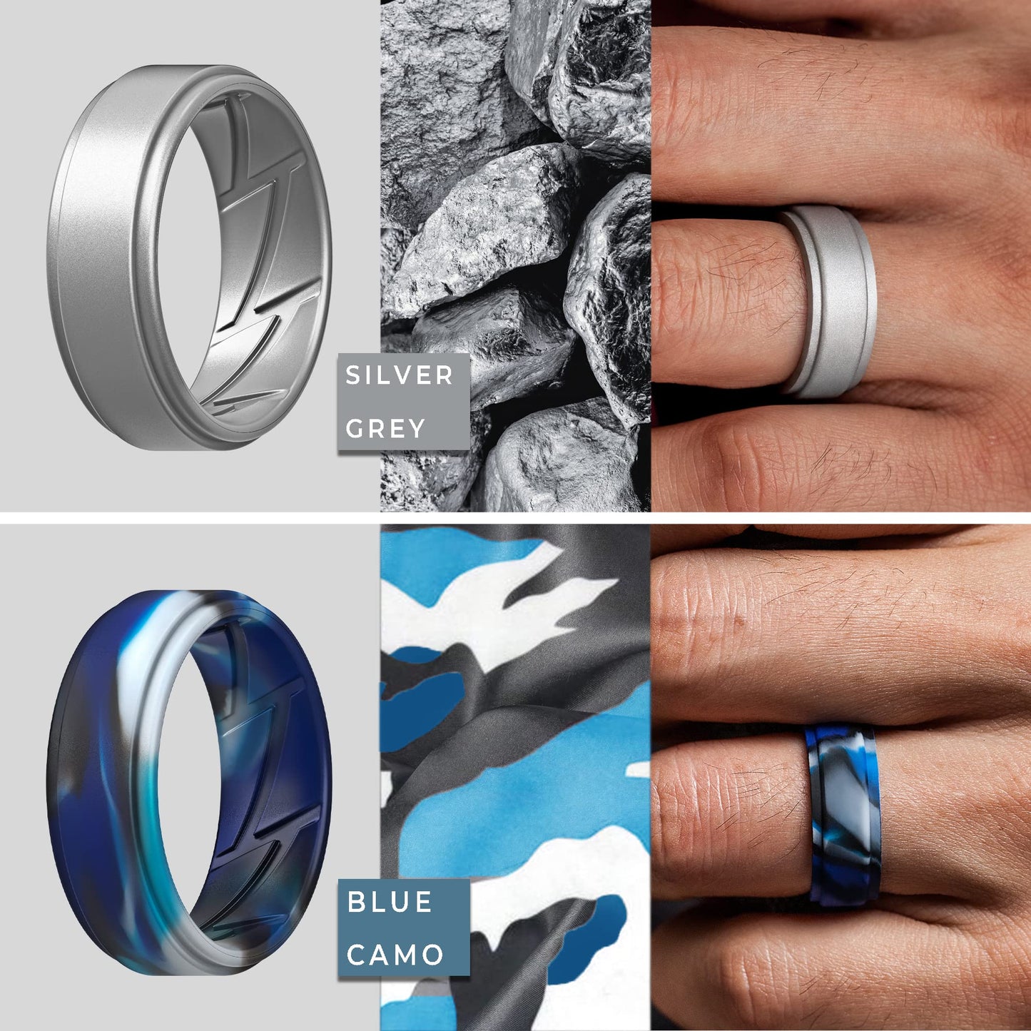 ThunderFit Silicone Wedding Rings for Men Breathable Airflow Inner Grooves, Step Edge Sleek Design Rubber Engagement Bands 8mm Wide 2mm Thick, Variety Multipack 1-7