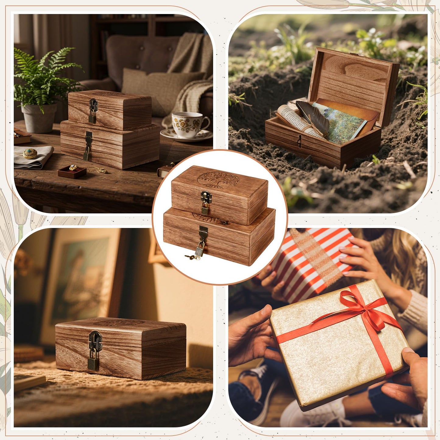 Vicenpal 2 Wooden Tree Keepsake Boxes with Lock, (8x5x3.2 inch & 7x3.7x2.8 inch), Handmade Decorative Treasure Chest Box, Gift Ideas for Men & Women Jewelry Rings Storage