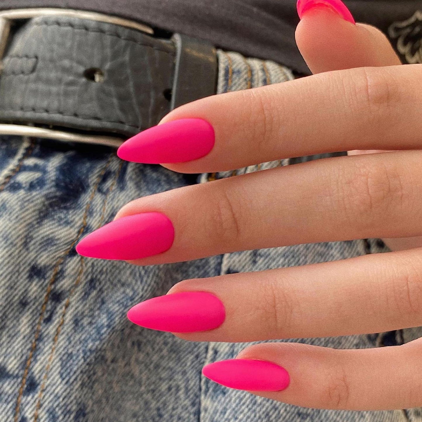 KQueenest Matte Hot Neon Pink Press on Nails Medium Almond Stiletto Gel Fake Nails Glue on Medium Pure Color Acrylic Nails Press ons Feature Protective UV Coating in 24PCS