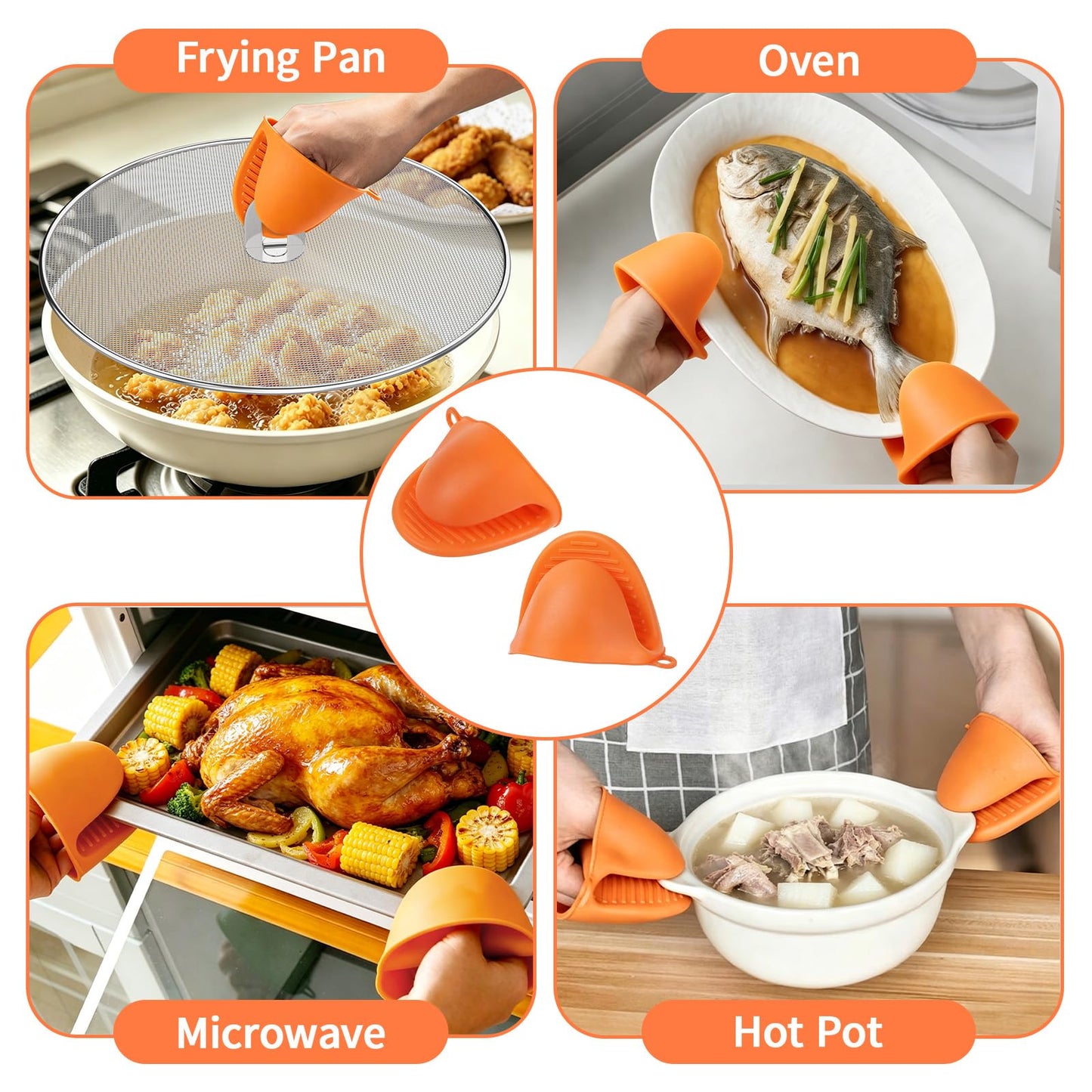 SHAOKAOLU Splatter Screen for Frying Pan Set, 3 Pack (10", 11.5", 13") Stainless Steel Grease Splatter Guard with Foldable Handle, Fine Mesh Oil Splash Screen with Silicone Oven Mitts, Dishwasher Safe