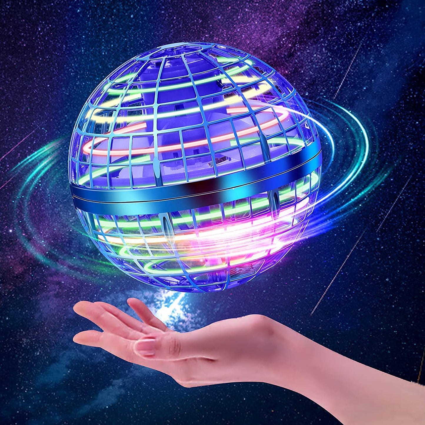 HONBQYCC Flying Orb Ball Toys, 2025 Hover Galaxy Ball Soaring Nebula Flying Orb, Hand Controlled Boomerang Spinner, RGB Light Magic Space UFO Cool Toy, Mini Drone for Kid Adults Outdoor Indoor-Blue