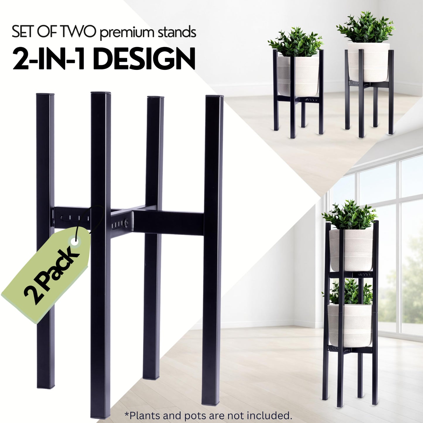 Adjustable 2-Tier Metal Plant Stand Indoor Outdoor- Set of 2 stackable plant shelfs. Heavy Duty Plant stands outdoor rustproof. Flower stand suitable for 8–12 Inch Pots by iSpaces