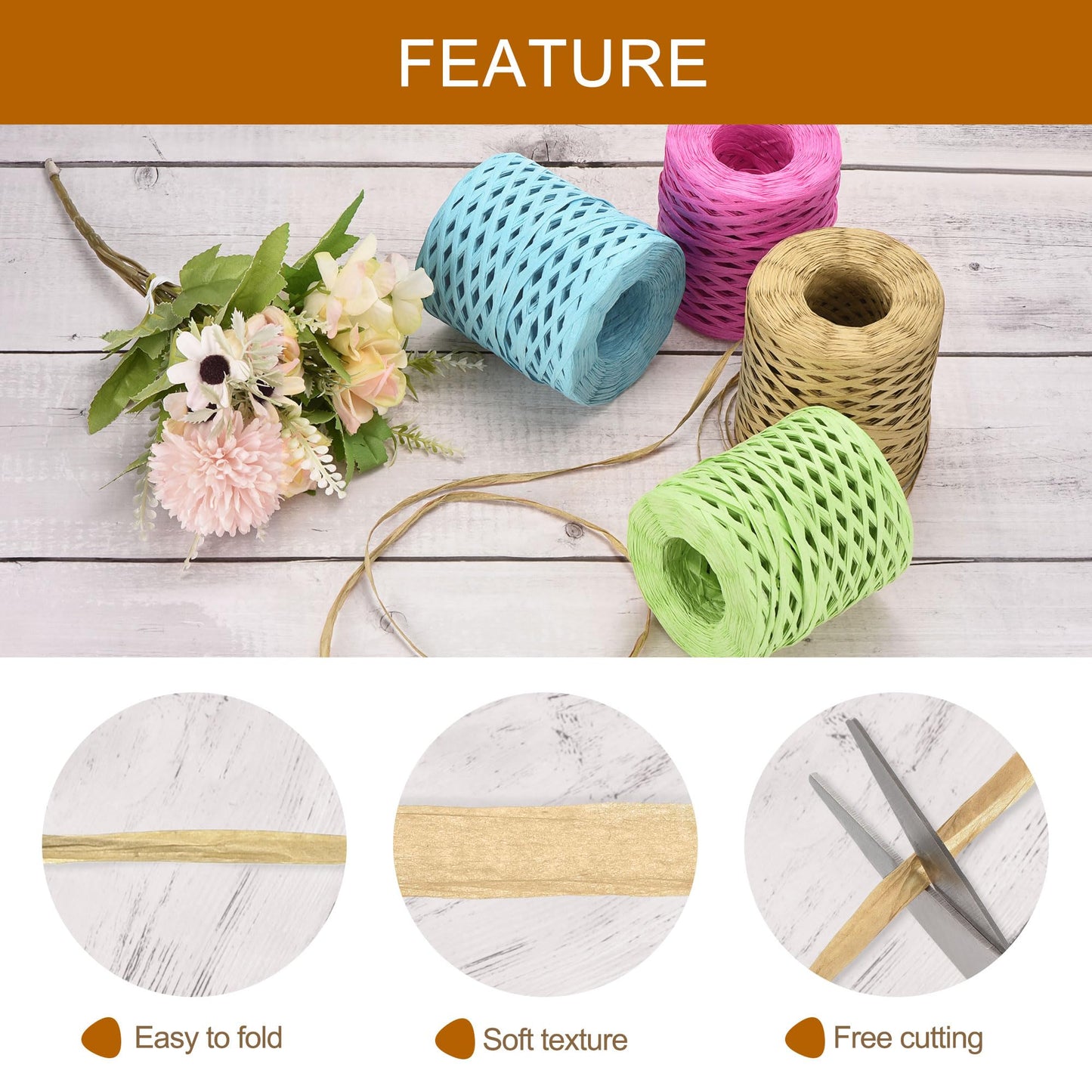 uxcell Raffia Paper Craft Ribbon, 1/4 Inch 218 Yards Raffia Twine String Packing Paper Twine for Christmas Wrapping DIY Craft, Light Brown