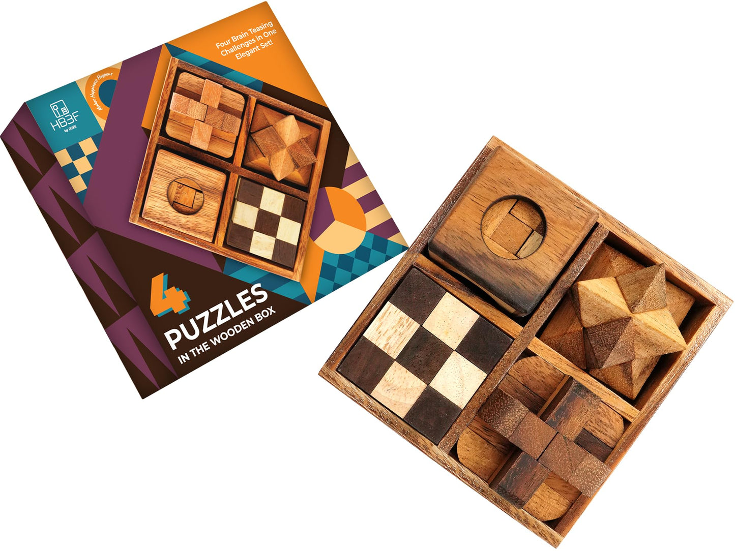 BSIRI Wooden Puzzle Box Set (4 Games) - Challenging Brain Teasers 3D Puzzles for Adults Interlocking Games for IQ Test Ideal for Rustic Patio Decor Unique Gift for Christmas and Birthdays