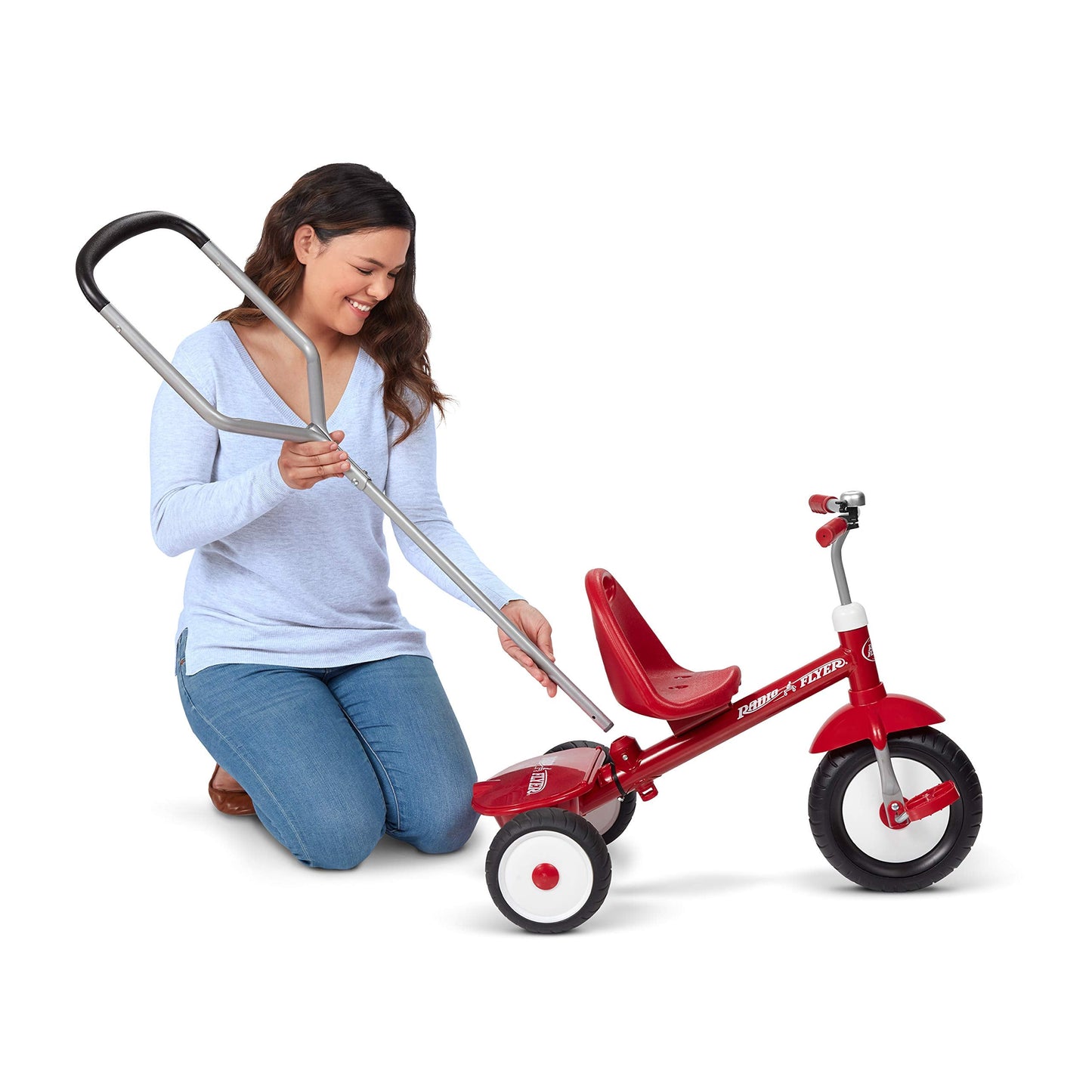 Radio Flyer Deluxe Steer & Stroll Trike, Red, for Kids 2-5, 2-in-1 Parent Steer Tricycle, Removable Push Handle, Adjustable Seat, Steel Frame, Covered Storage Bin, Tricycle for Toddlers and Kids